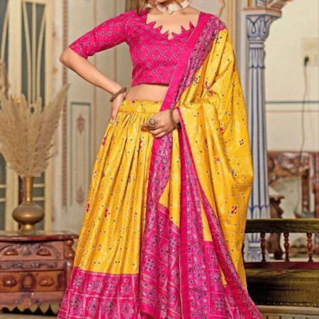 Women's Tussar Silk Patola Print Lehenga Choli Dupatta Set
